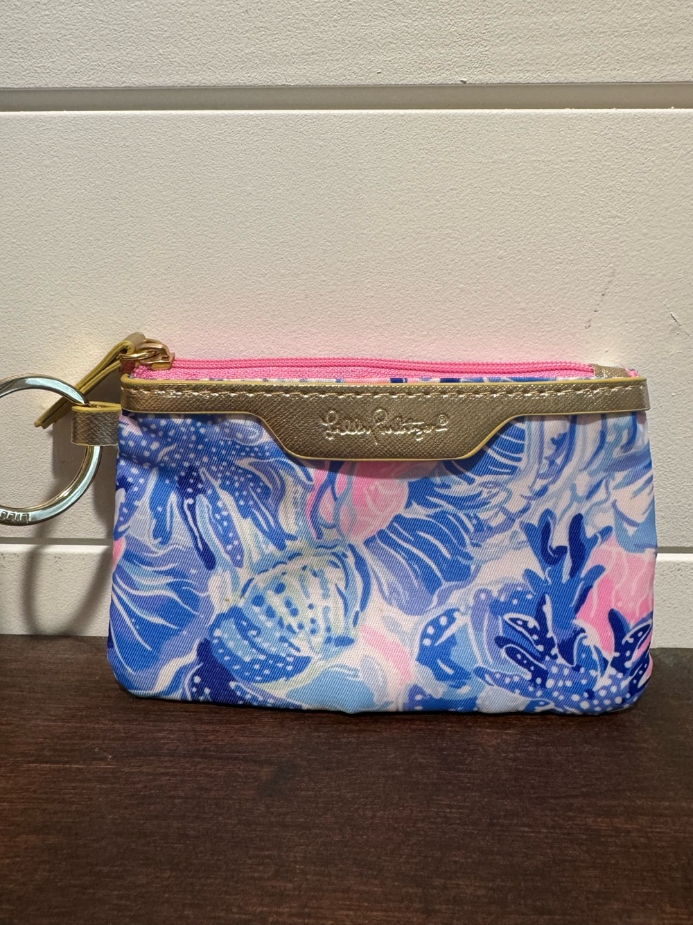Lilly Pulitzer Blue Pink Floral Key & Card Holder with Gold Trim